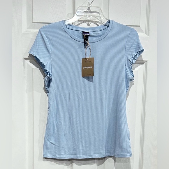 Patagonia Women's Large Rib Knit Top Fleck Blue NWT Slim Fit Cap Sleeves Stretch - Picture 1 of 9